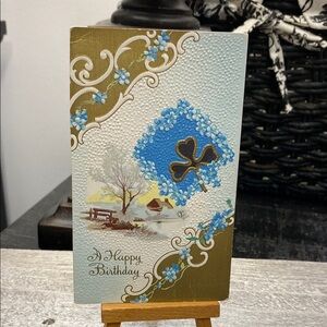 Antique Floral Happy Birthday Card with Blue Shamrock and Gold Accents!